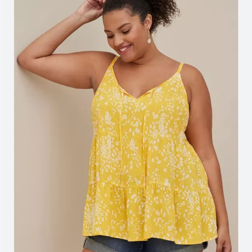TORRID Yellow Floral Challis Tiered Ruffle Tie Front Flowy Cami Top Size 1X